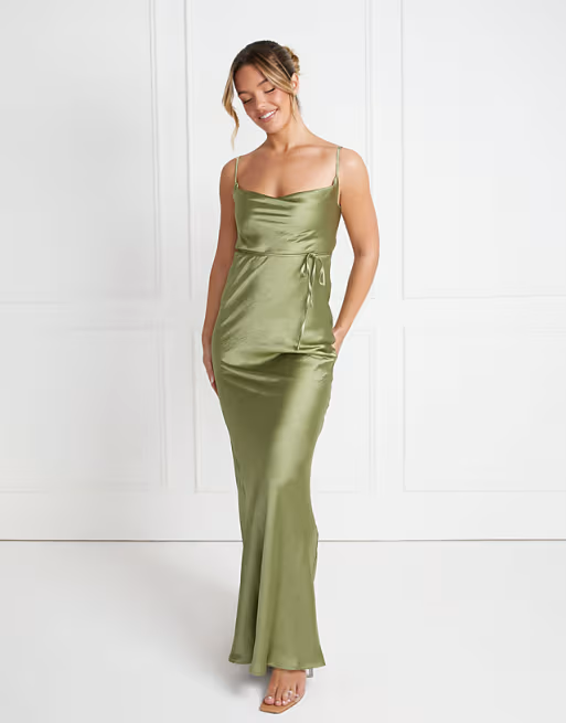 Elegant Mermaid Cowl Neck Spaghetti Straps Low Back Floor Length Bridesmaid Dress with Waist Tie