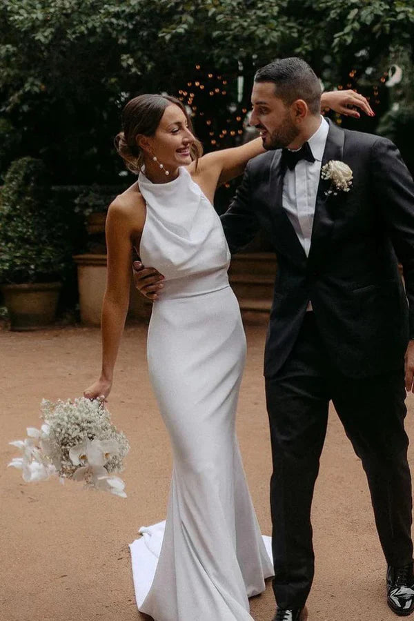 Elegant Mermaid Halter Modest Wedding Dress Simple Bridal Gown