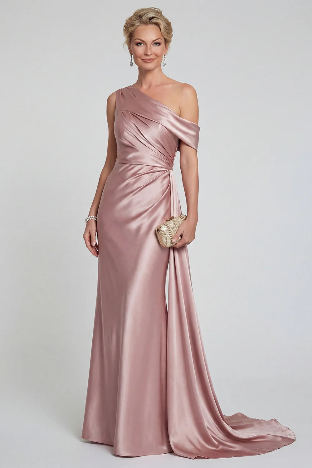 Elegant Mermaid Mother of the Bride Dress Asymmetrical Neck Single Draped Sleeve Open Back Floor Length