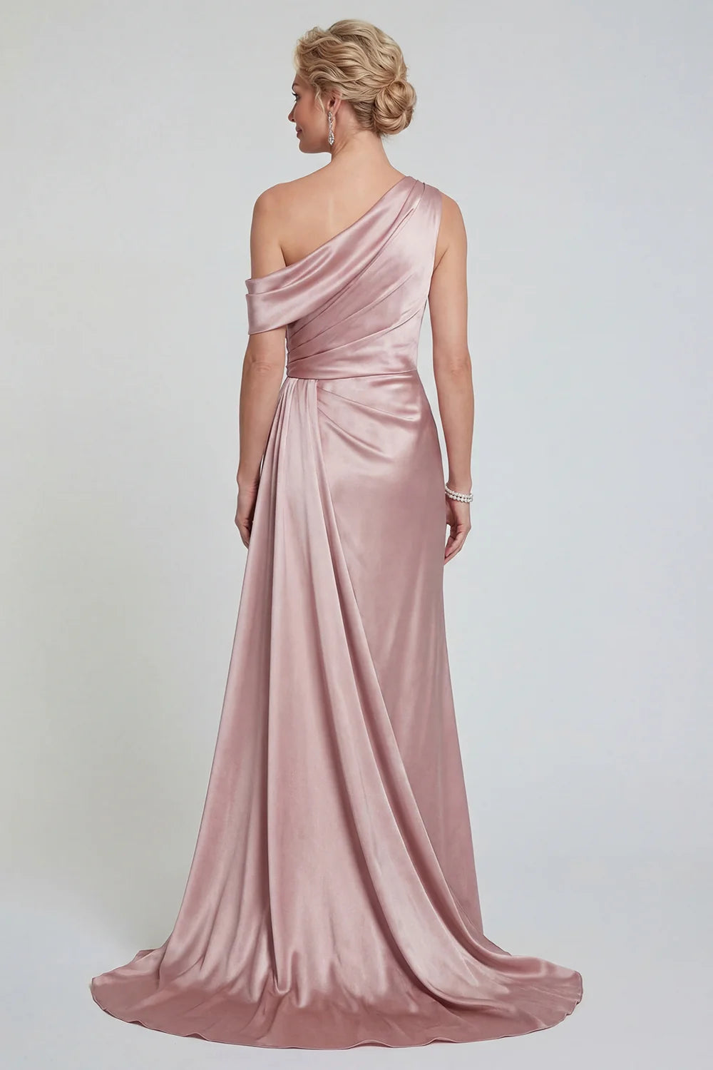 Elegant Mermaid Mother of the Bride Dress Asymmetrical Neck Single Draped Sleeve Open Back Floor Length