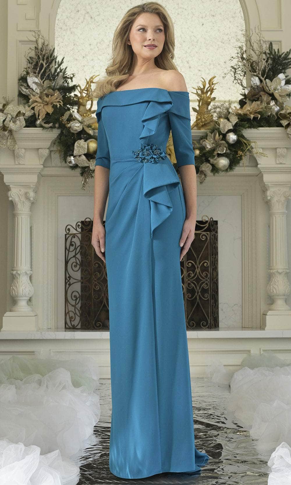Elegant Mermaid Off-Shoulder 3/4-Sleeve Zipper-Back Floor-Length Beaded Mother of the Bride Dress