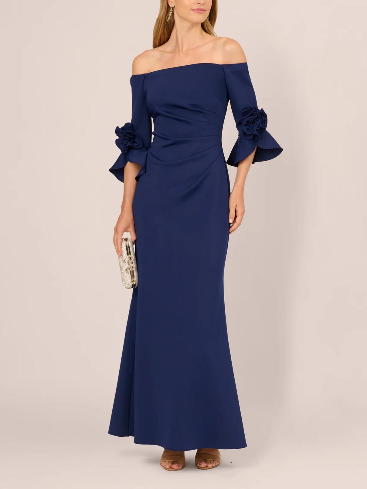 Elegant Mermaid Off-Shoulder 3/4-Sleeve Zipper-Back Floor-Length Rose Evening Dress