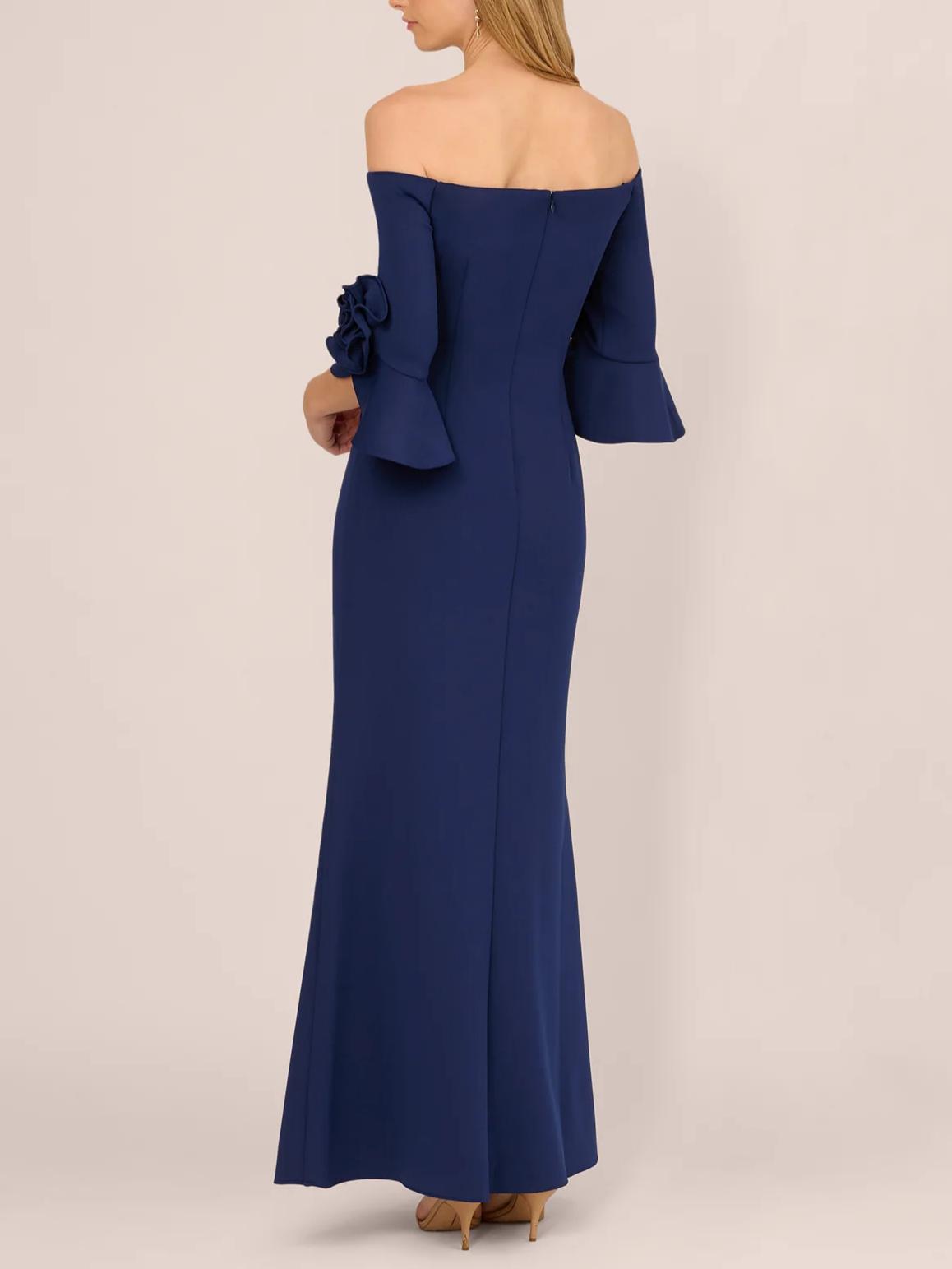 Elegant Mermaid Off-Shoulder 3/4-Sleeve Zipper-Back Floor-Length Rose Evening Dress