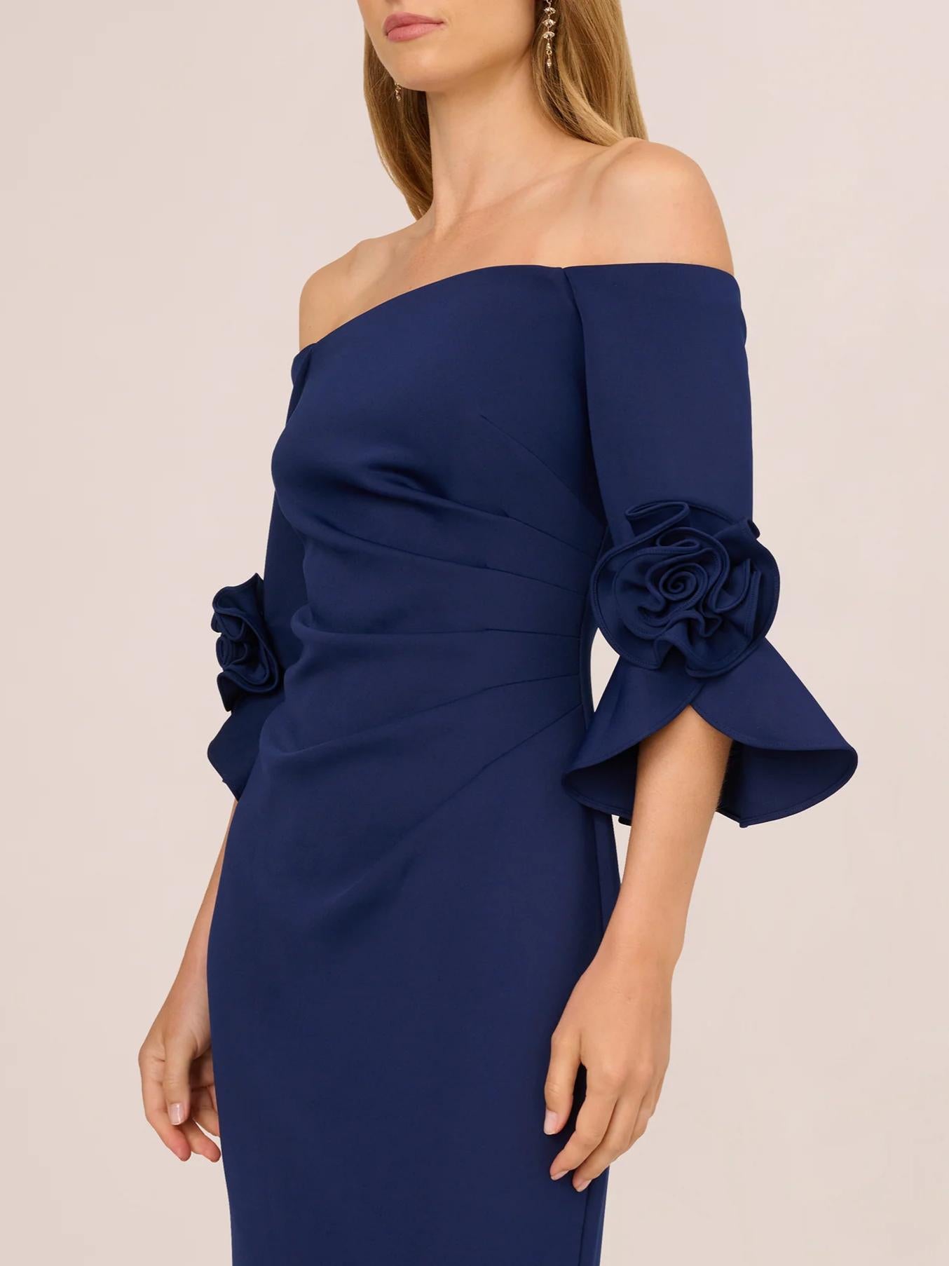 Elegant Mermaid Off-Shoulder 3/4-Sleeve Zipper-Back Floor-Length Rose Evening Dress