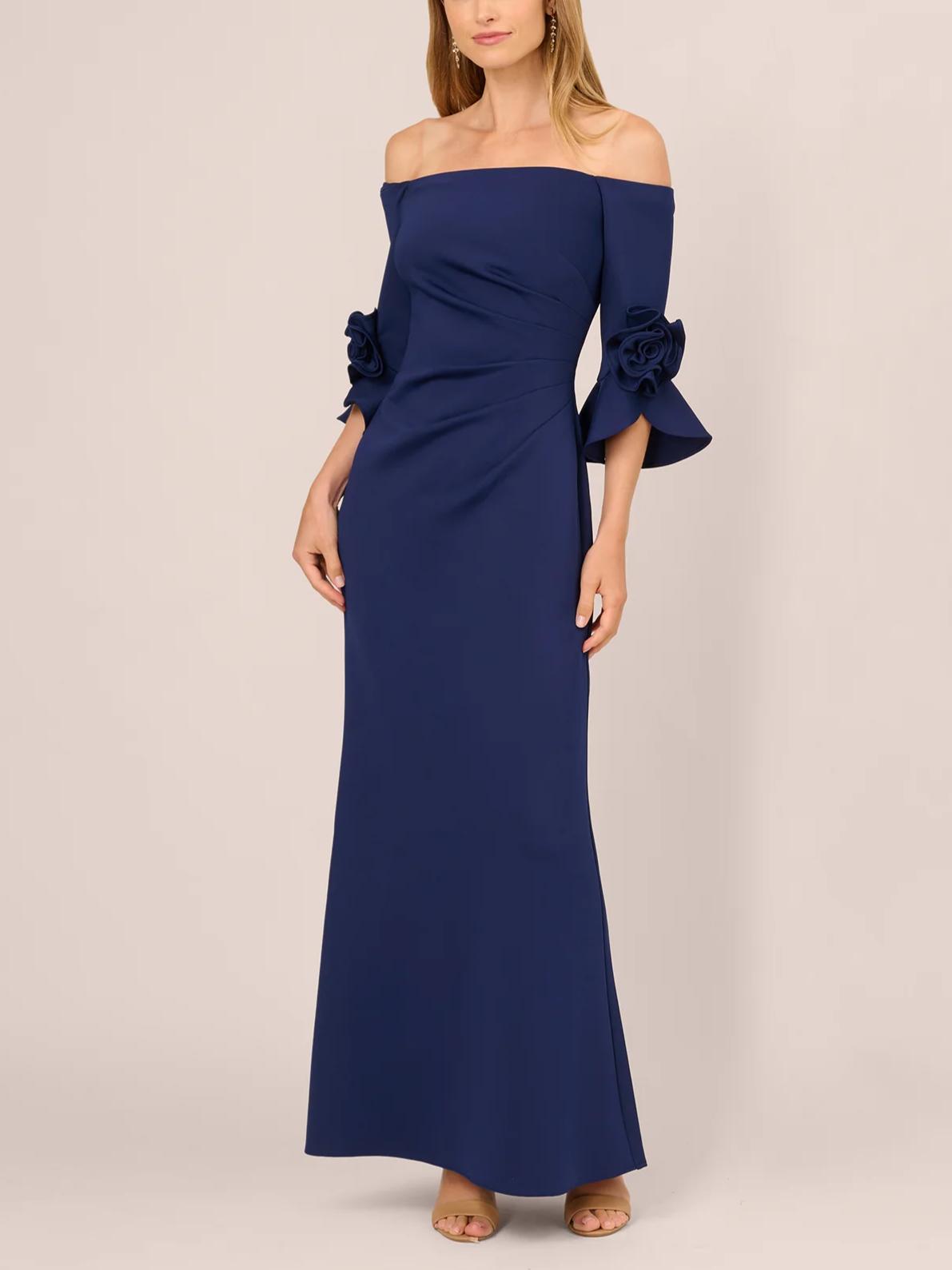 Elegant Mermaid Off-Shoulder 3/4-Sleeve Zipper-Back Floor-Length Rose Evening Dress