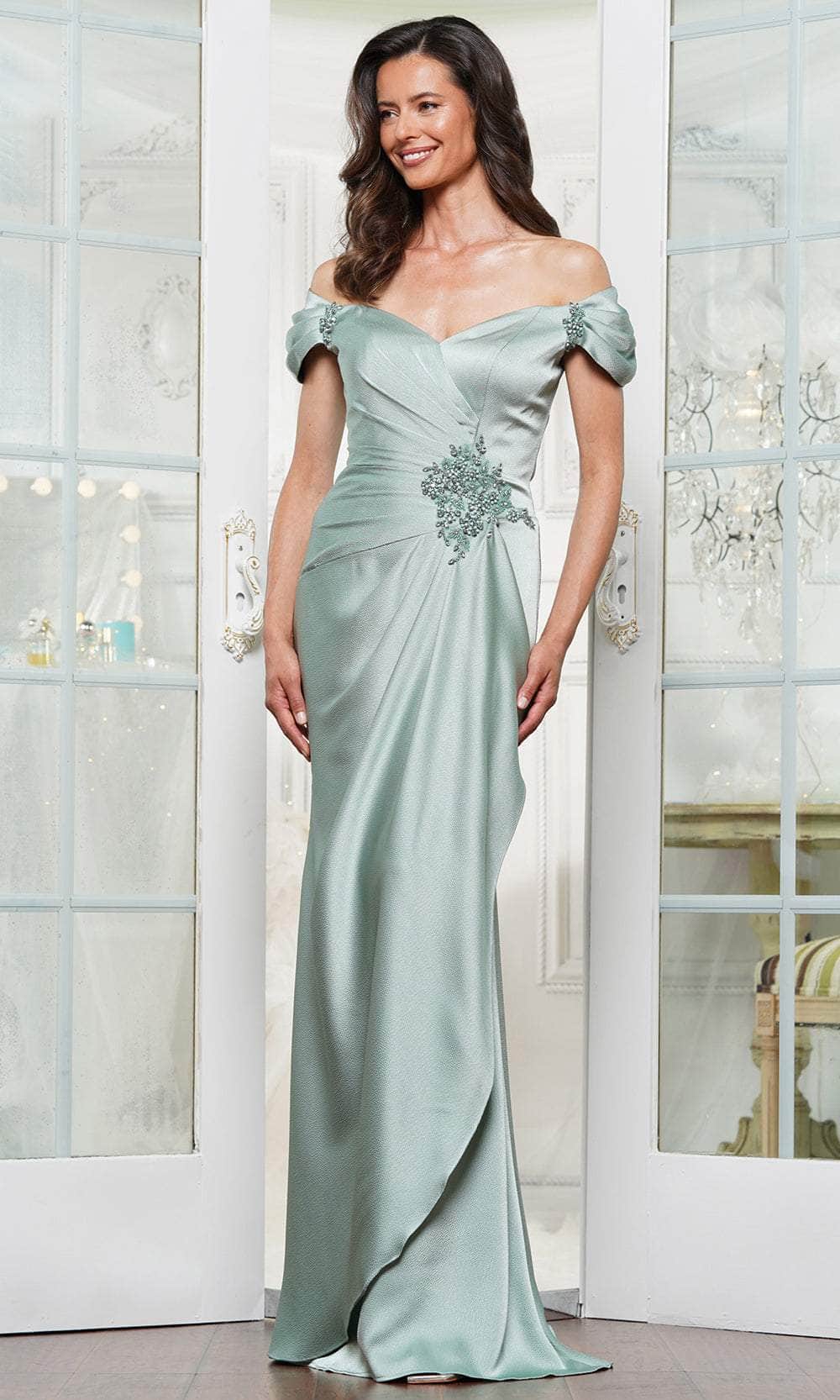 Elegant Mermaid Off-Shoulder Short-Sleeve Zipper-Back Beaded Floor-Length Mother of the Bride Dress