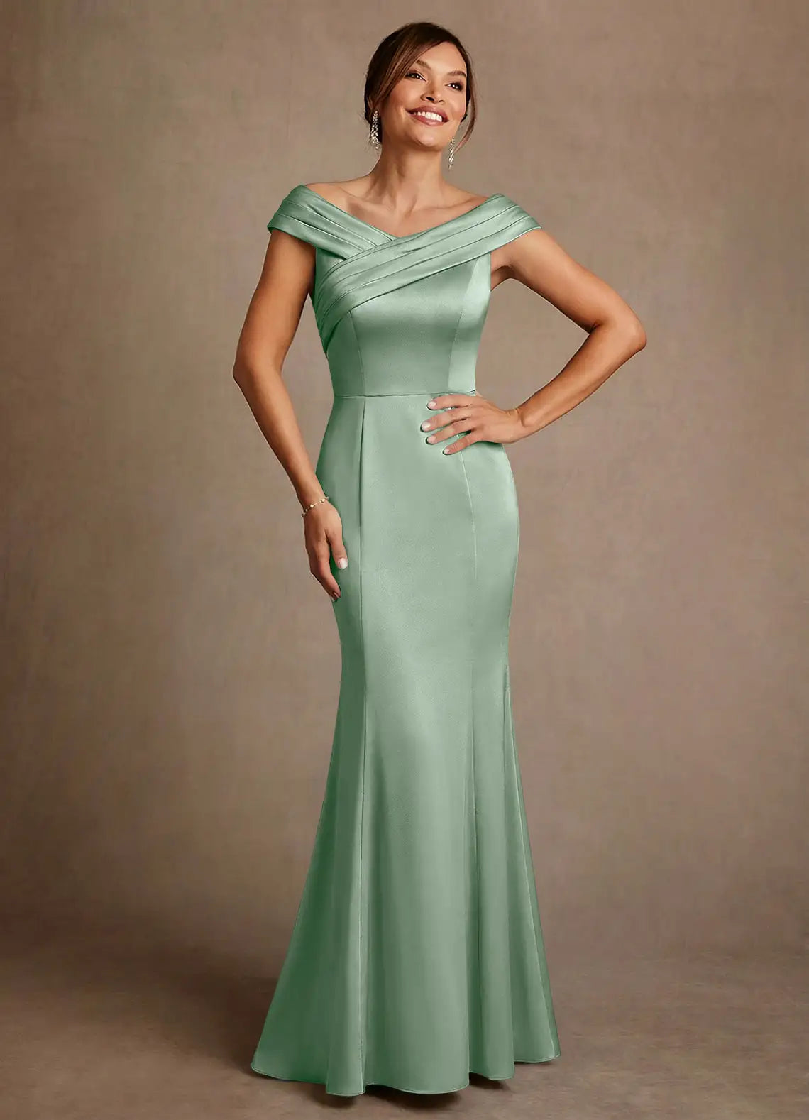 Elegant Mermaid Off-the-Shoulder Satin Crisscross Floor Length Mother of the Bride Dress