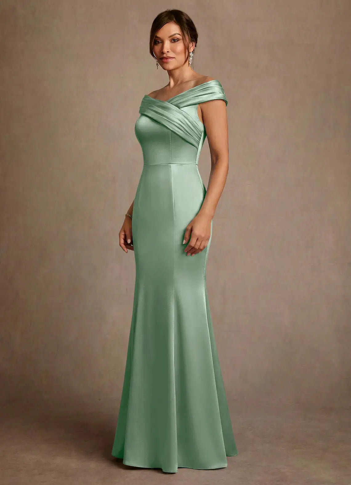 Elegant Mermaid Off-the-Shoulder Satin Crisscross Floor Length Mother of the Bride Dress