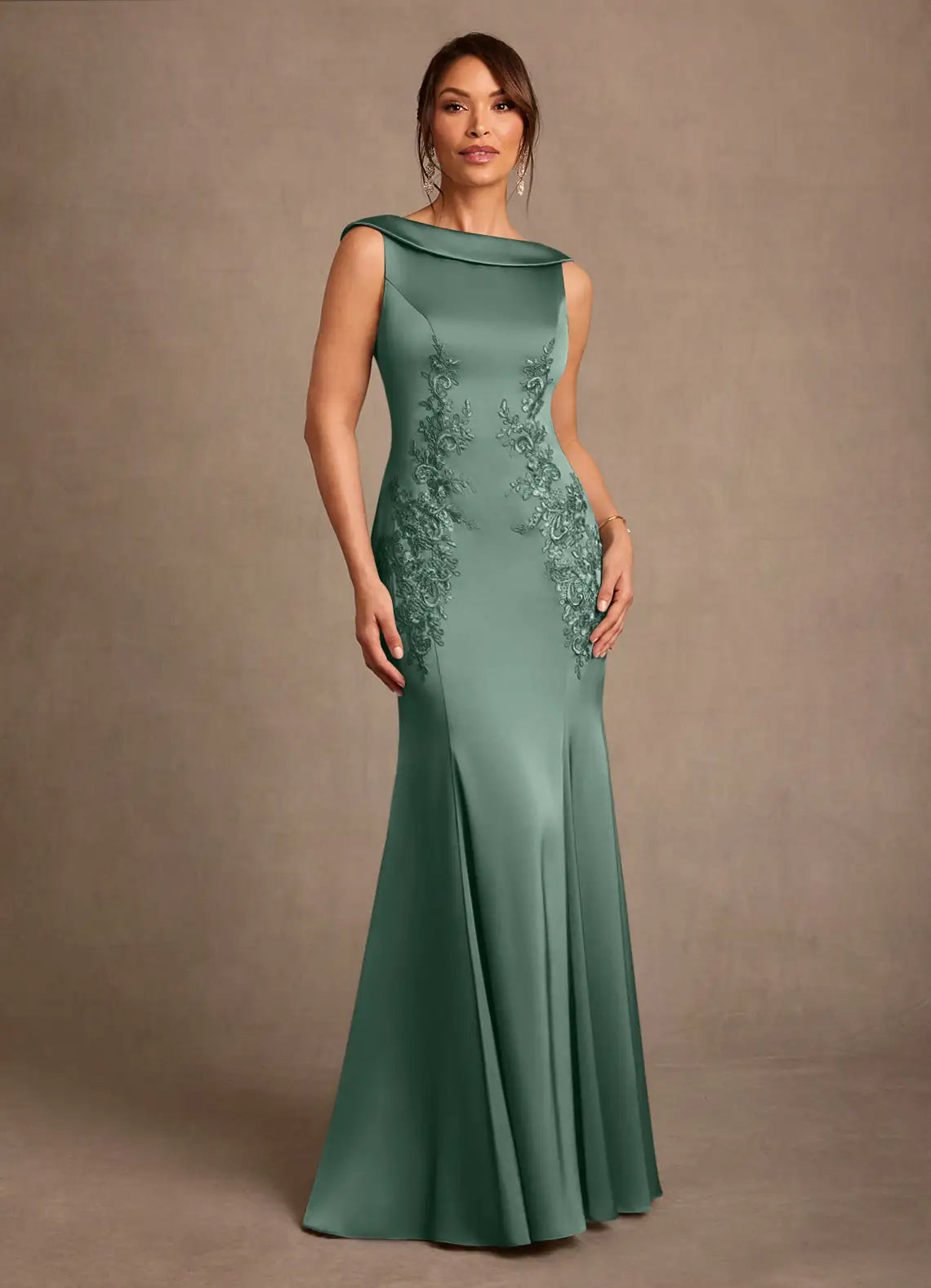 Elegant Mermaid Off-the-Shoulder Satin Lace Appliqué Floor Length Mother of the Bride Dress