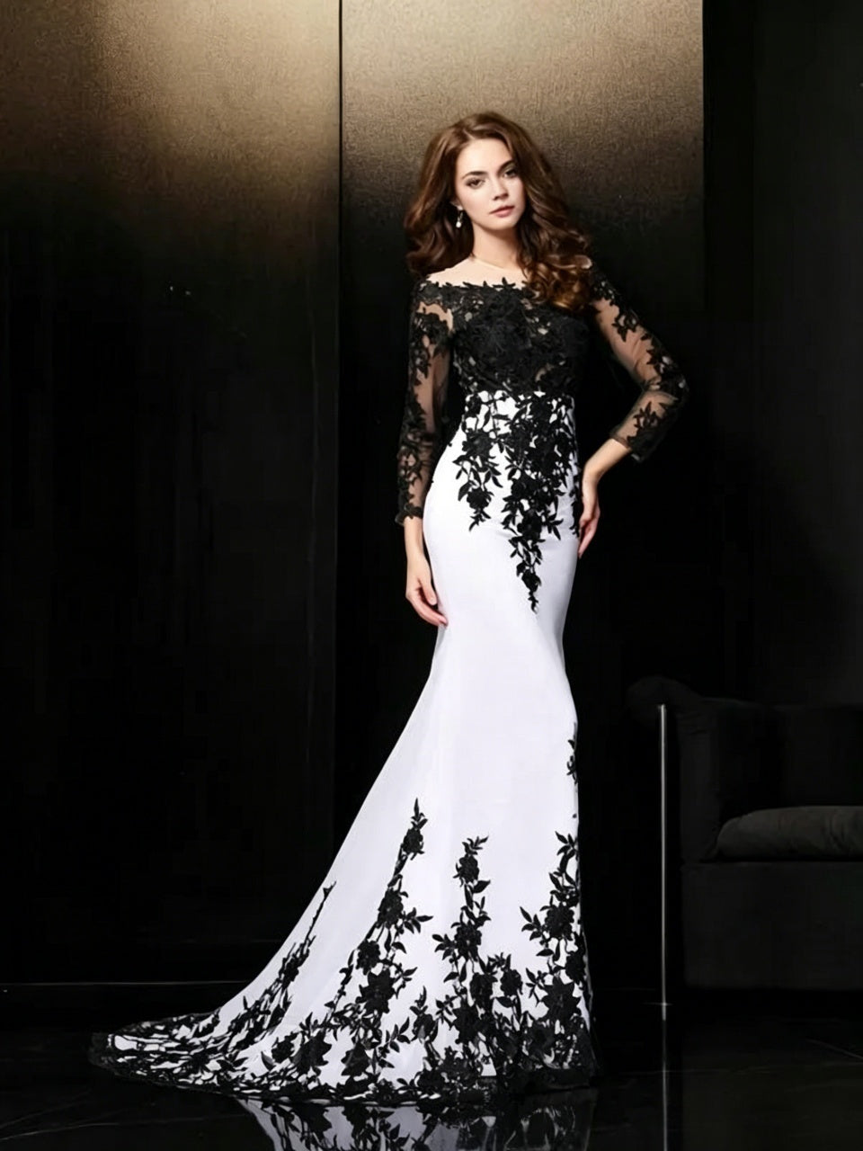 Elegant Mermaid Off The Shoulder Illusion Neck Long Sleeve Open Back Floor Length Evening Dress