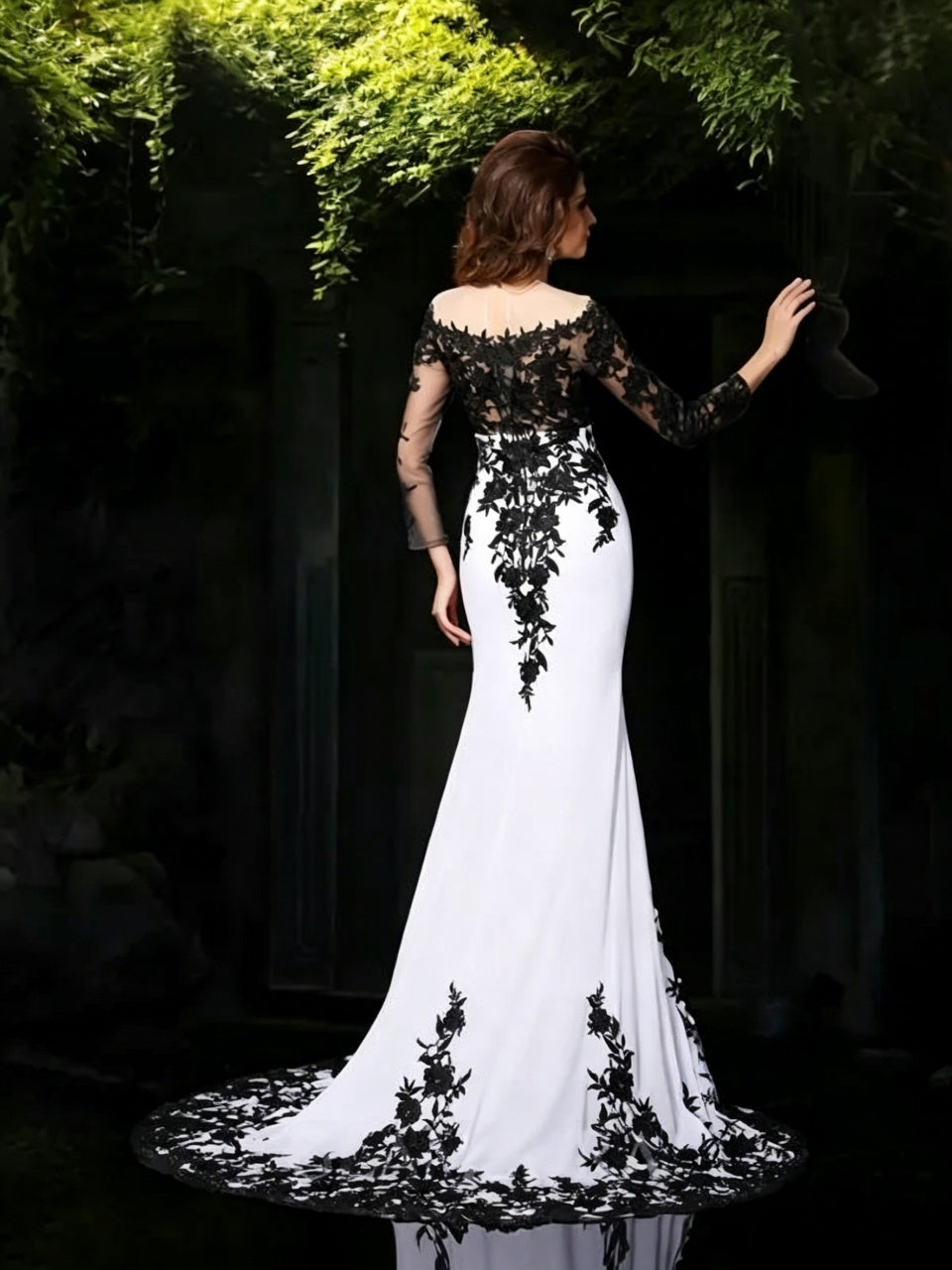Elegant Mermaid Off The Shoulder Illusion Neck Long Sleeve Open Back Floor Length Evening Dress