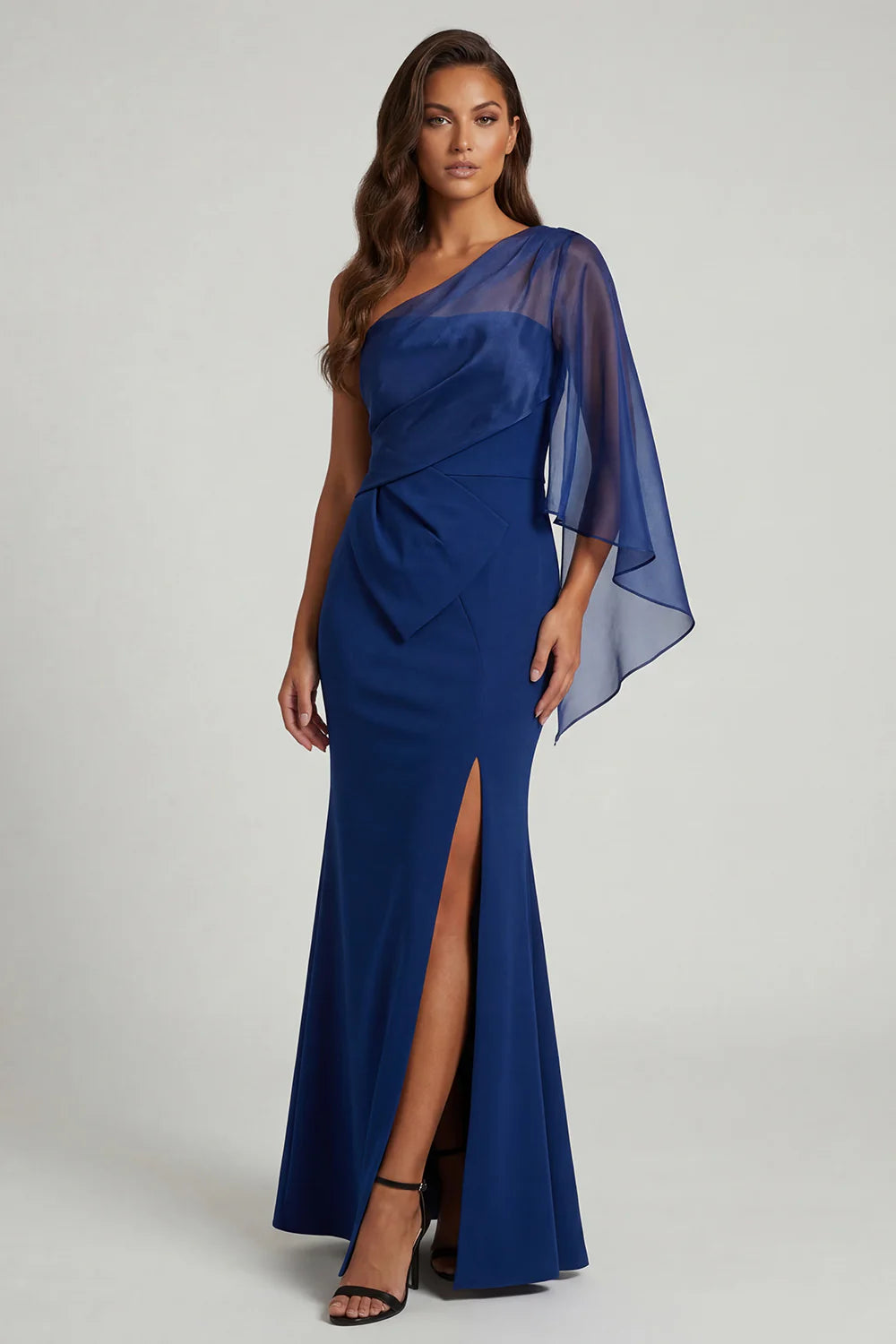 Elegant Mermaid One-Shoulder Chiffon-Sleeve Zipper-Back Slit Navy Mother of the Bride Dress