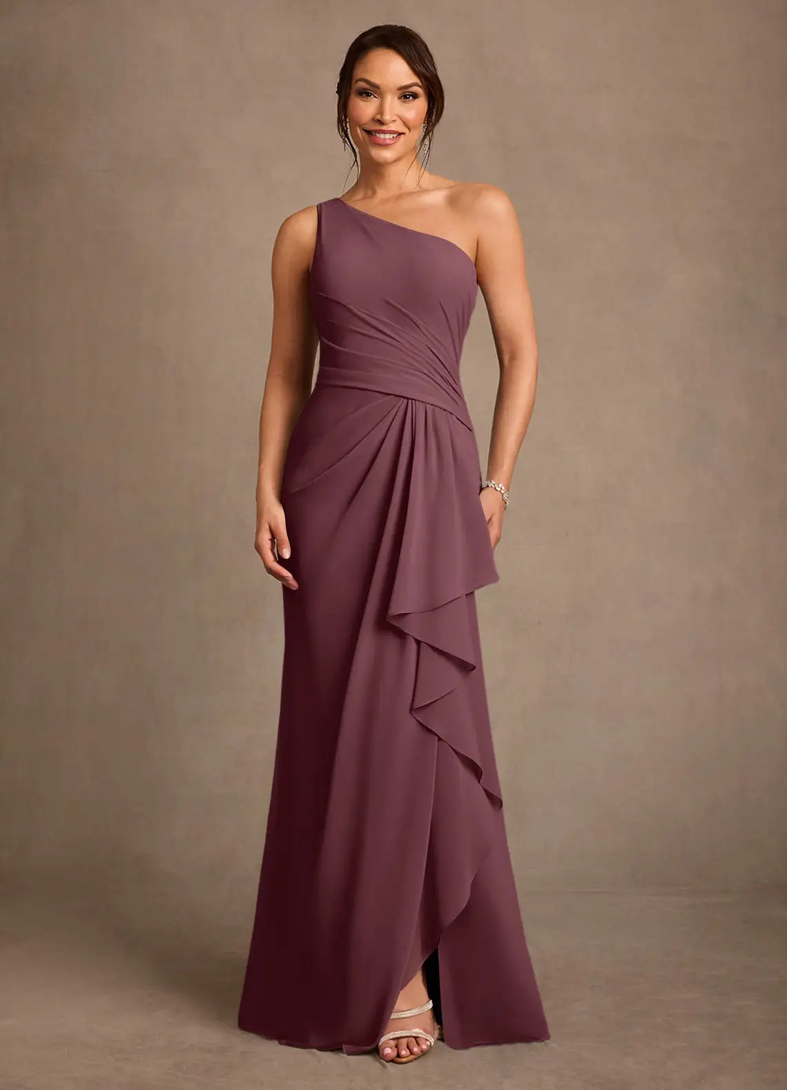 Elegant Mermaid One-Shoulder Chiffon Tiered Ruffle Floor Length Mother of the Bride Dress