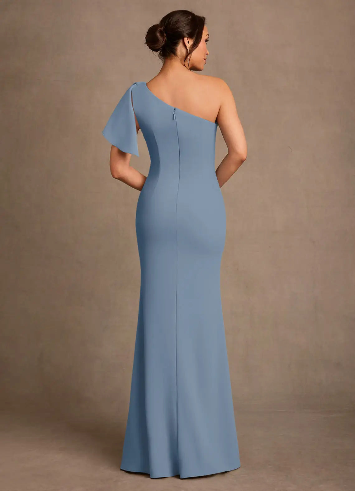 Elegant Mermaid One-Shoulder Crepe Flutter Sleeve Slit Floor Length Mother of the Bride Dress