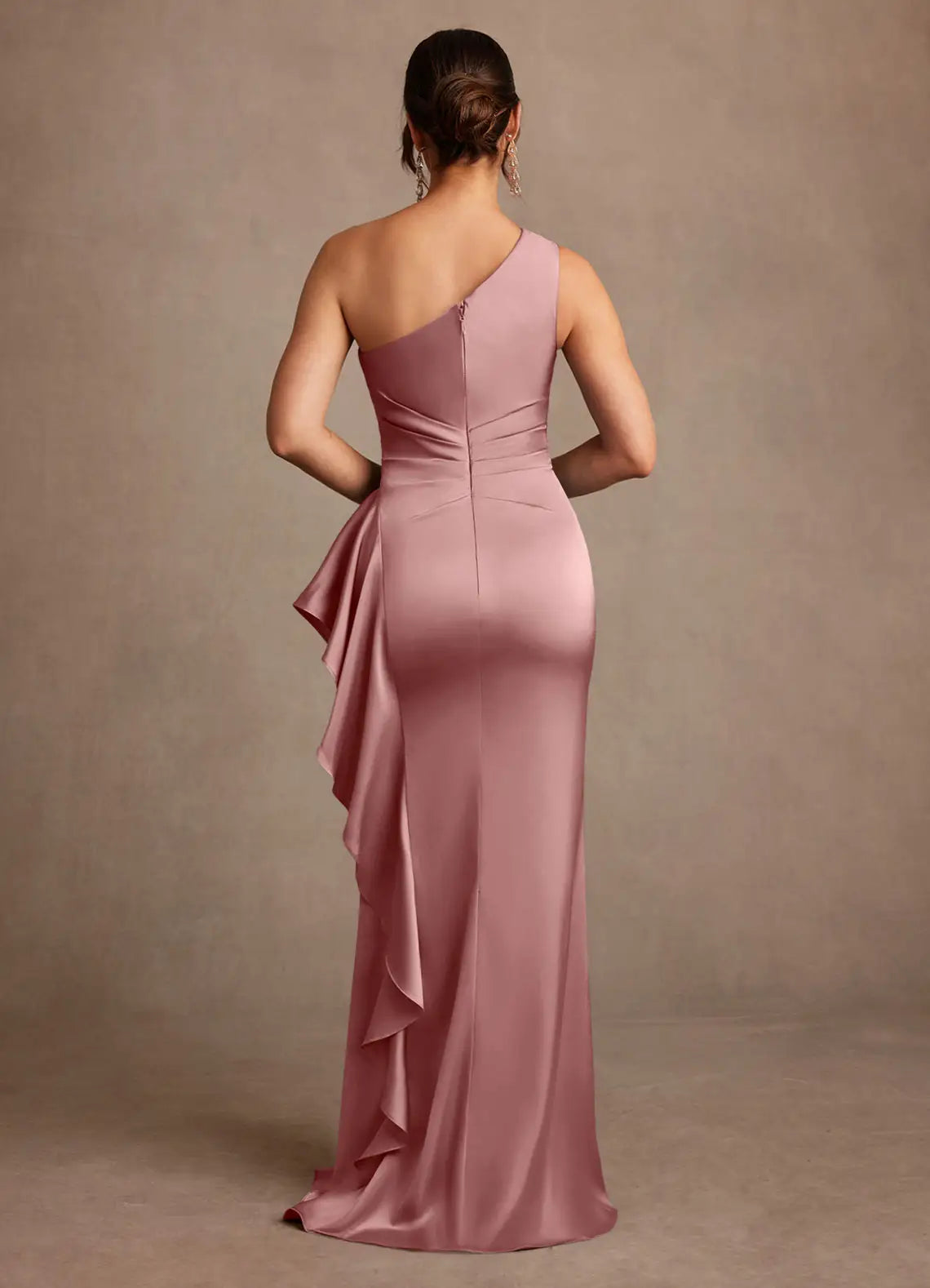 Elegant Mermaid One-Shoulder Satin Ruffle Slit Floor Length Mother of the Bride Dress