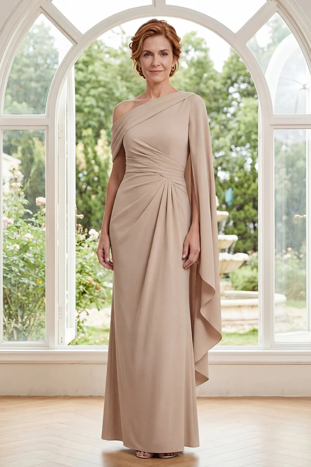 Elegant Mermaid One-Shoulder Sleeveless Cape Drape Floor Length Mother of the Bride Dress