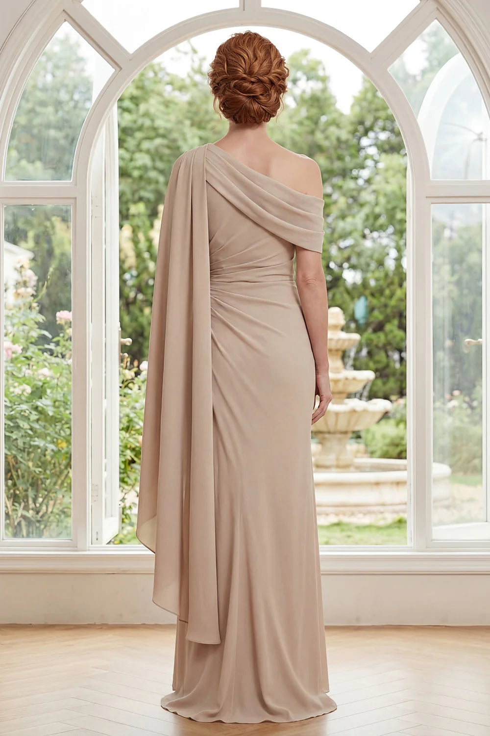 Elegant Mermaid One-Shoulder Sleeveless Cape Drape Floor Length Mother of the Bride Dress