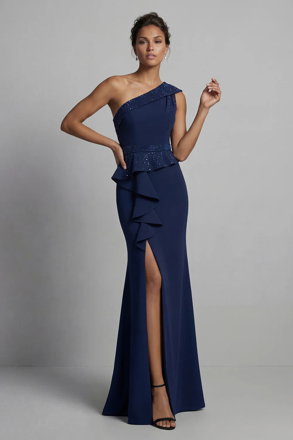 Elegant Mermaid One-Shoulder Sleeveless Peplum Beaded Slit Floor Length Mother of the Bride Dress
