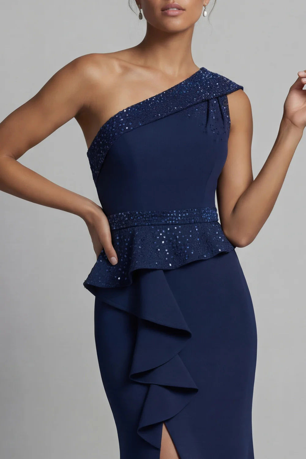 Elegant Mermaid One-Shoulder Sleeveless Peplum Beaded Slit Floor Length Mother of the Bride Dress