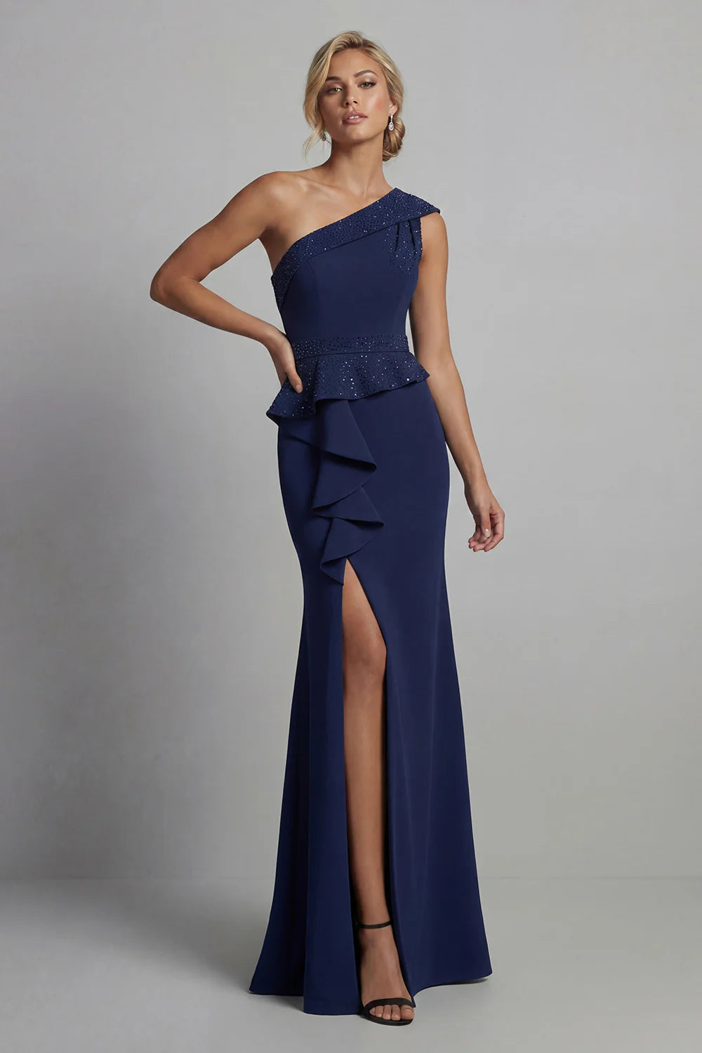 Elegant Mermaid One-Shoulder Sleeveless Peplum Beaded Slit Floor Length Mother of the Bride Dress