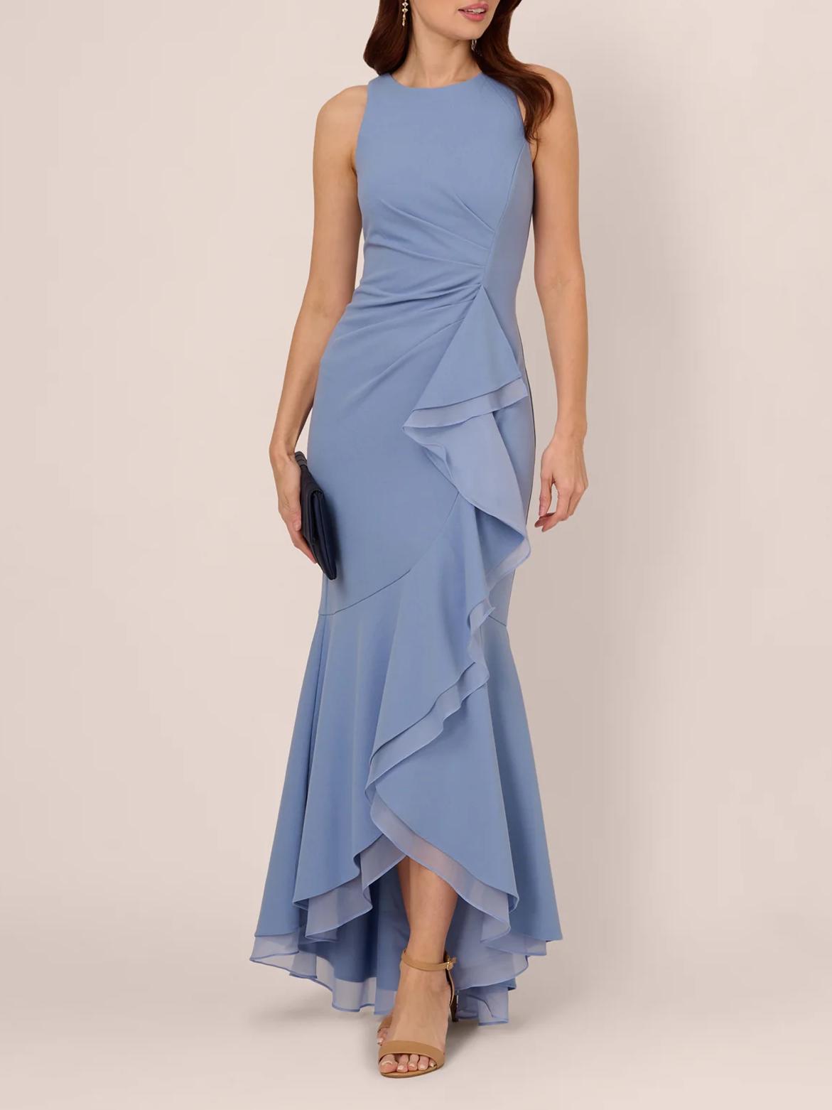 Elegant Mermaid Round-Neck Sleeveless Keyhole-Back Ruffled High-Low Evening Dress