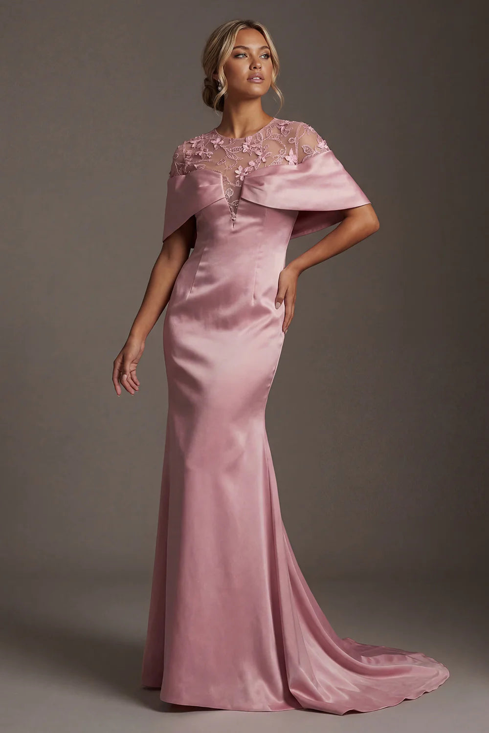 Elegant Mermaid Round Neck Off-the-Shoulder Lace Applique Floor Length Mother of the Bride Dress
