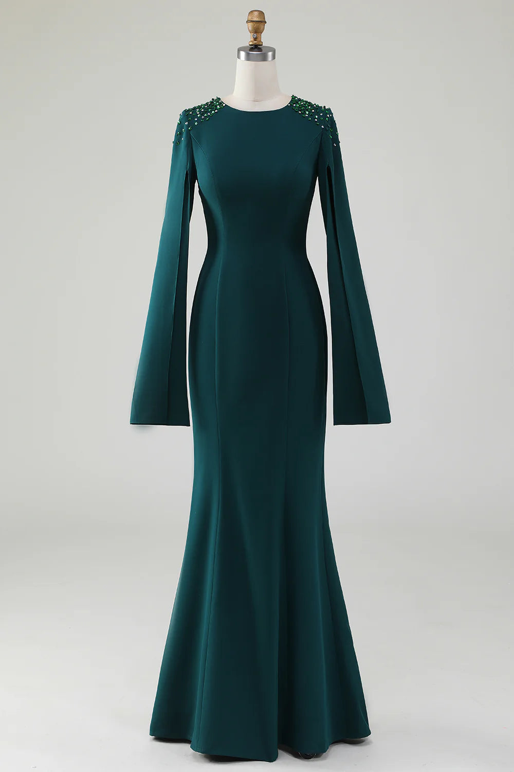Elegant Mermaid Round Neck Split Sleeve Beaded Floor Length Mother of the Bride Dress