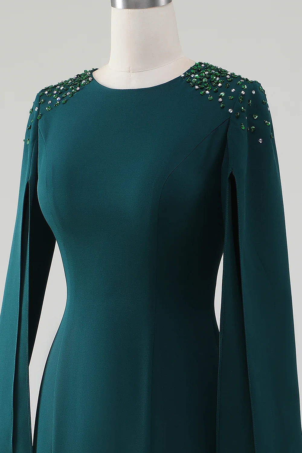 Elegant Mermaid Round Neck Split Sleeve Beaded Floor Length Mother of the Bride Dress