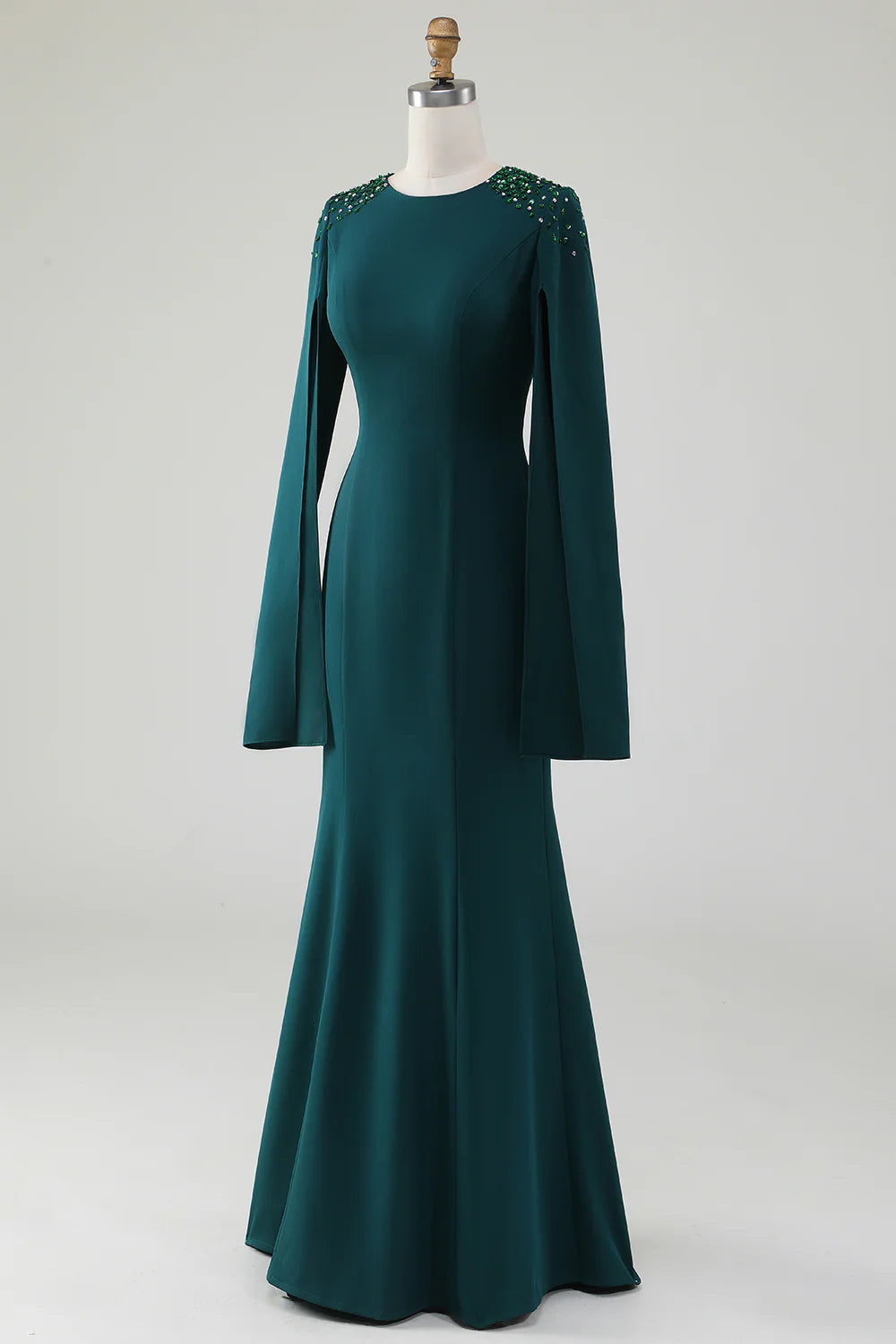 Elegant Mermaid Round Neck Split Sleeve Beaded Floor Length Mother of the Bride Dress