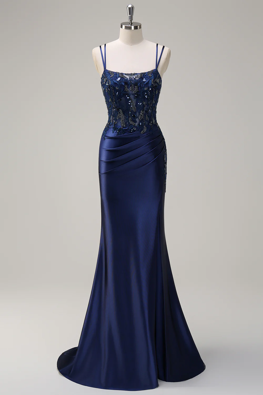 Elegant Mermaid Square Neck Double Spaghetti Straps Beaded Lace Crisscross Back Satin Train Evening Dress