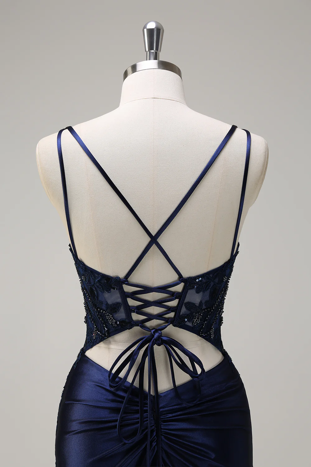 Elegant Mermaid Square Neck Double Spaghetti Straps Beaded Lace Crisscross Back Satin Train Evening Dress