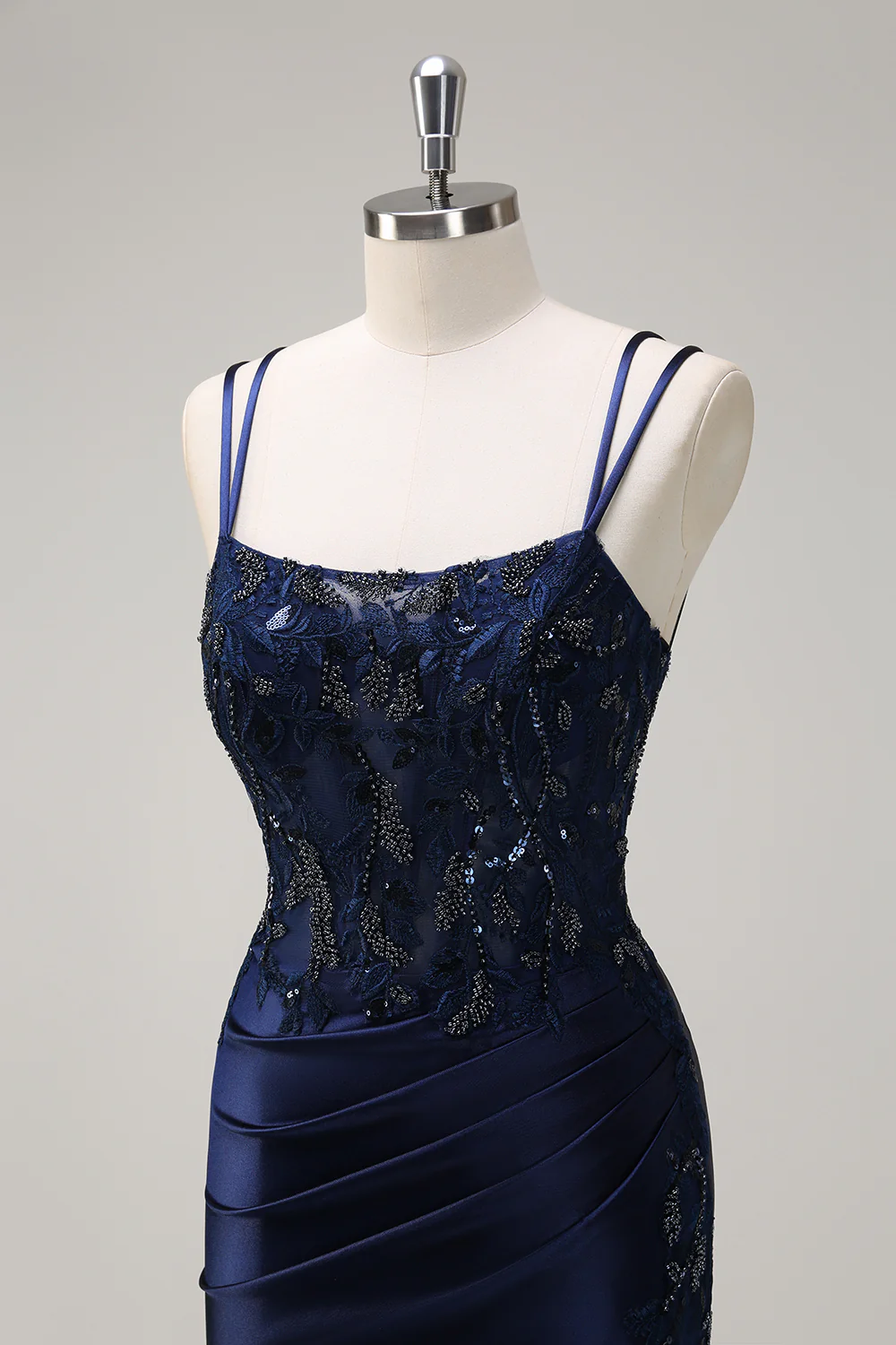 Elegant Mermaid Square Neck Double Spaghetti Straps Beaded Lace Crisscross Back Satin Train Evening Dress