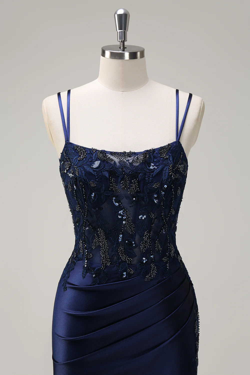 Elegant Mermaid Square Neck Double Spaghetti Straps Beaded Lace Crisscross Back Satin Train Evening Dress