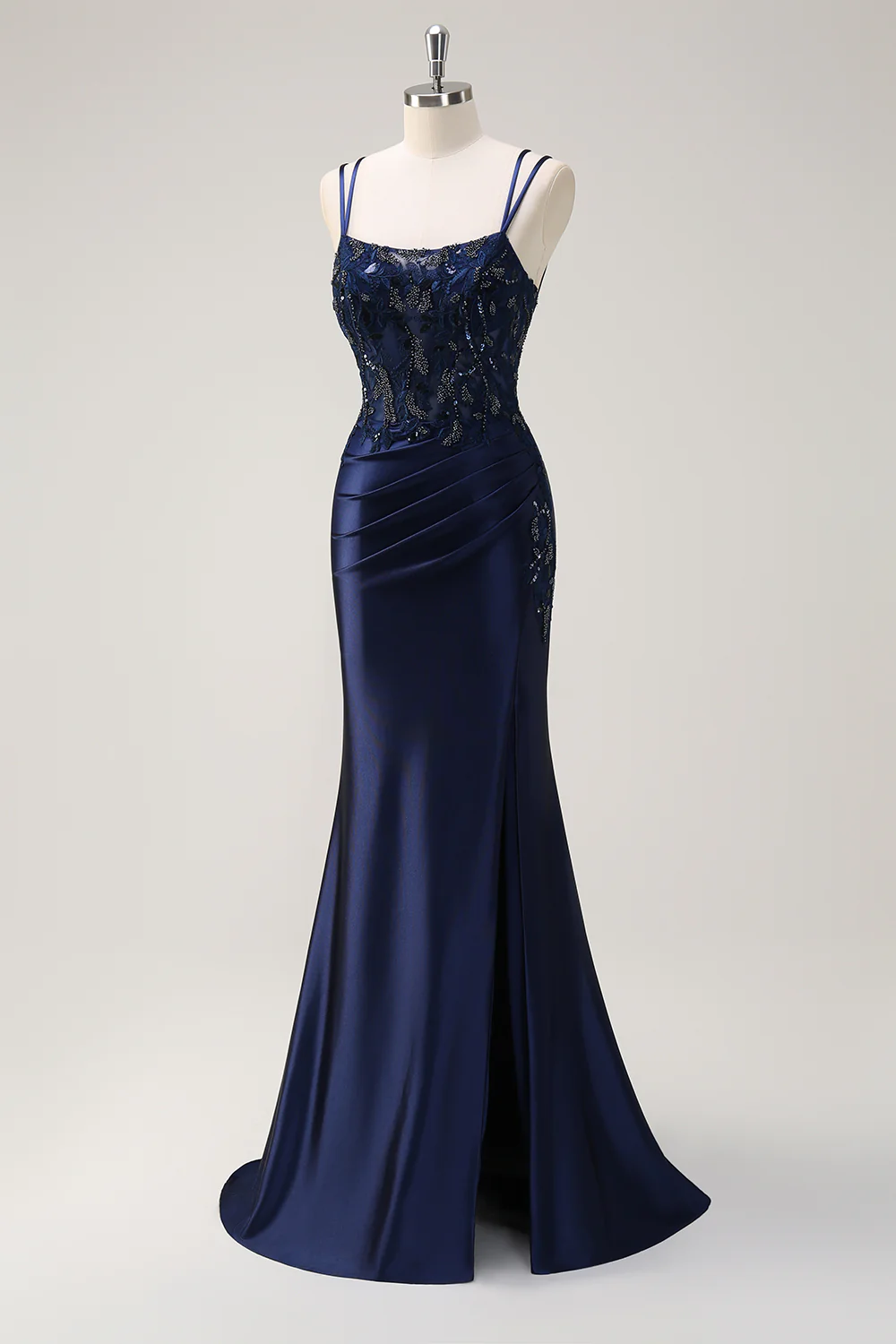 Elegant Mermaid Square Neck Double Spaghetti Straps Beaded Lace Crisscross Back Satin Train Evening Dress