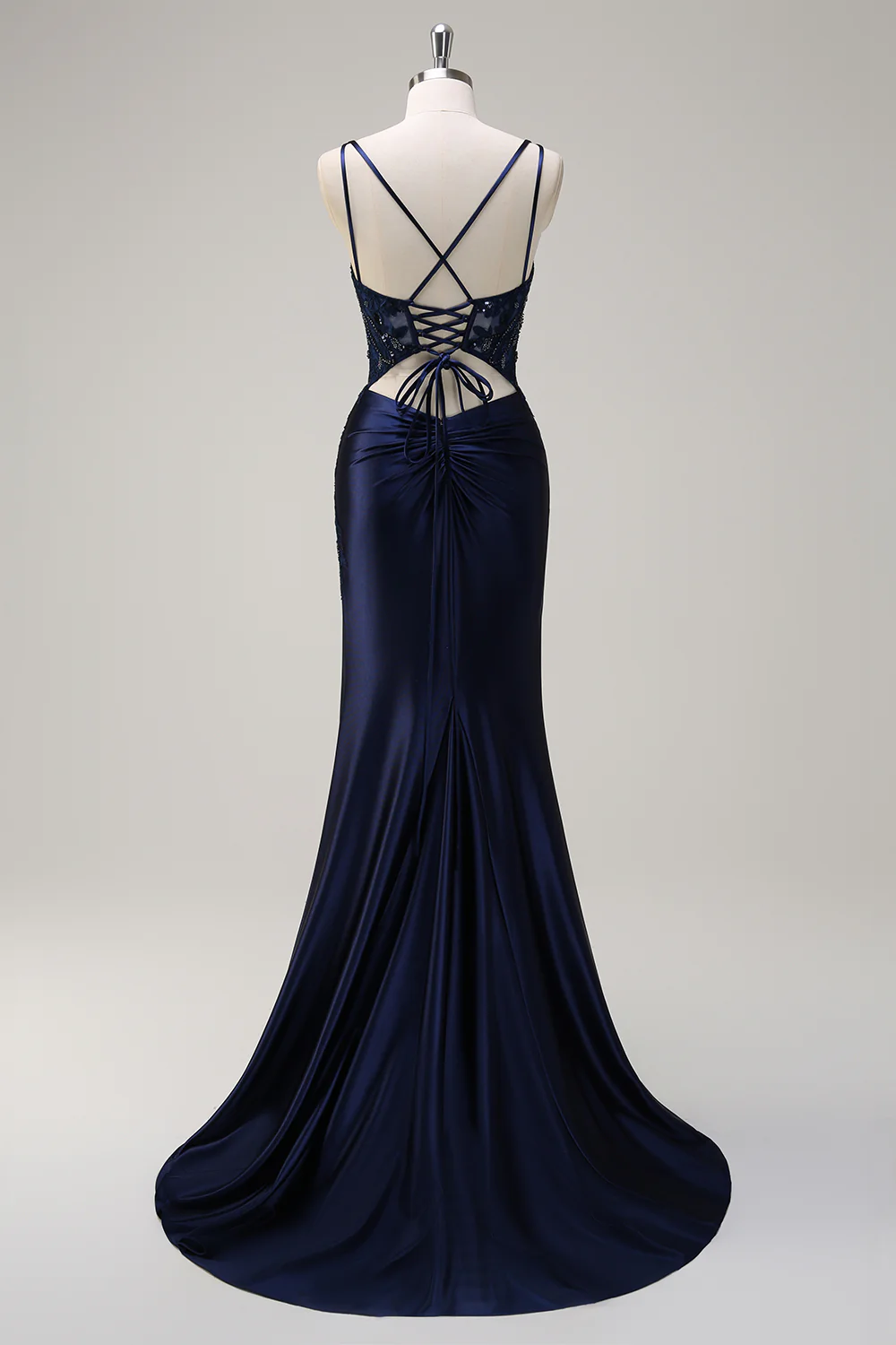 Elegant Mermaid Square Neck Double Spaghetti Straps Beaded Lace Crisscross Back Satin Train Evening Dress