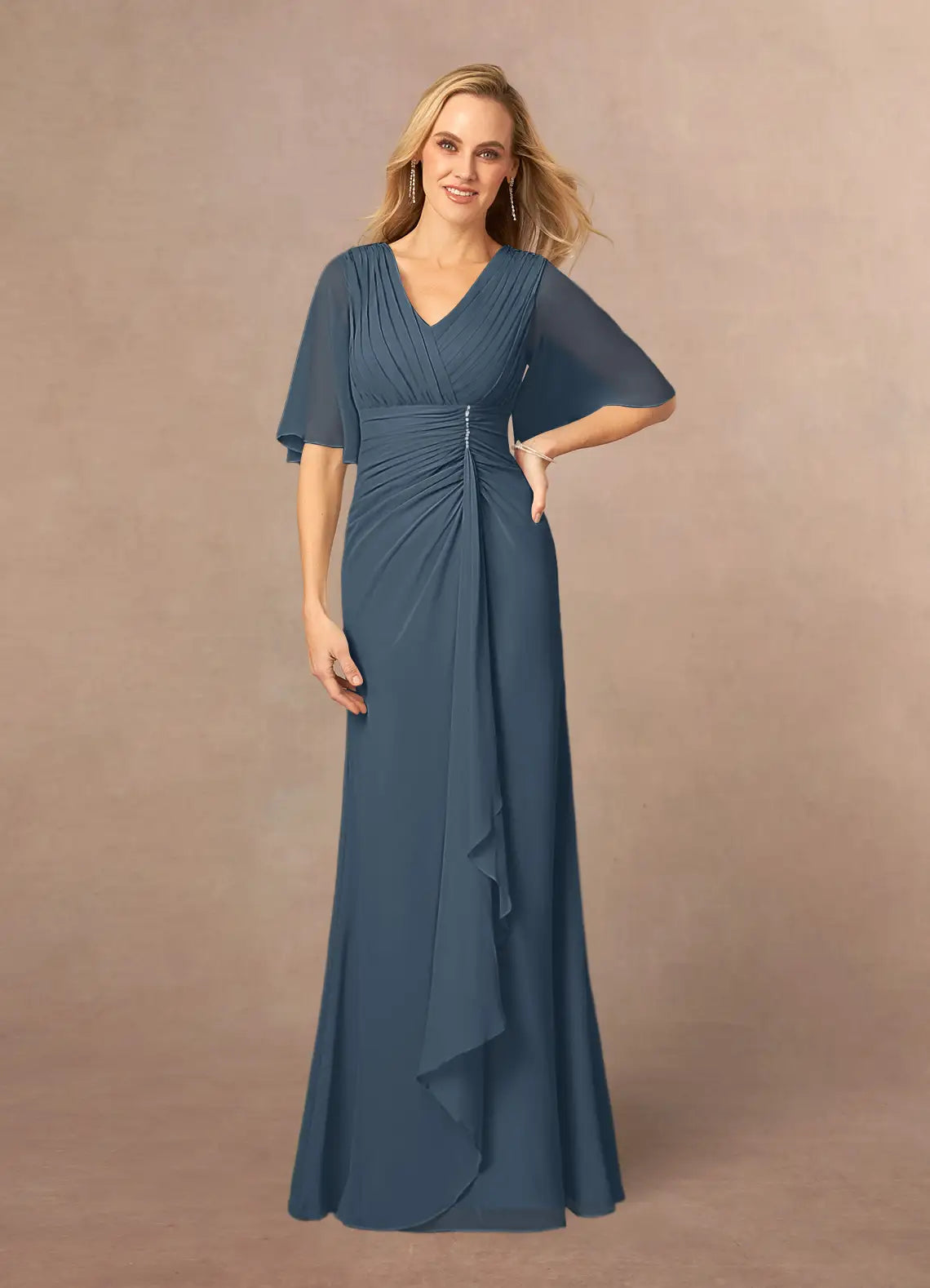 Elegant Mermaid V-Neck Lace Chiffon Flutter Sleeve Floor Length Mother of the Bride Dress