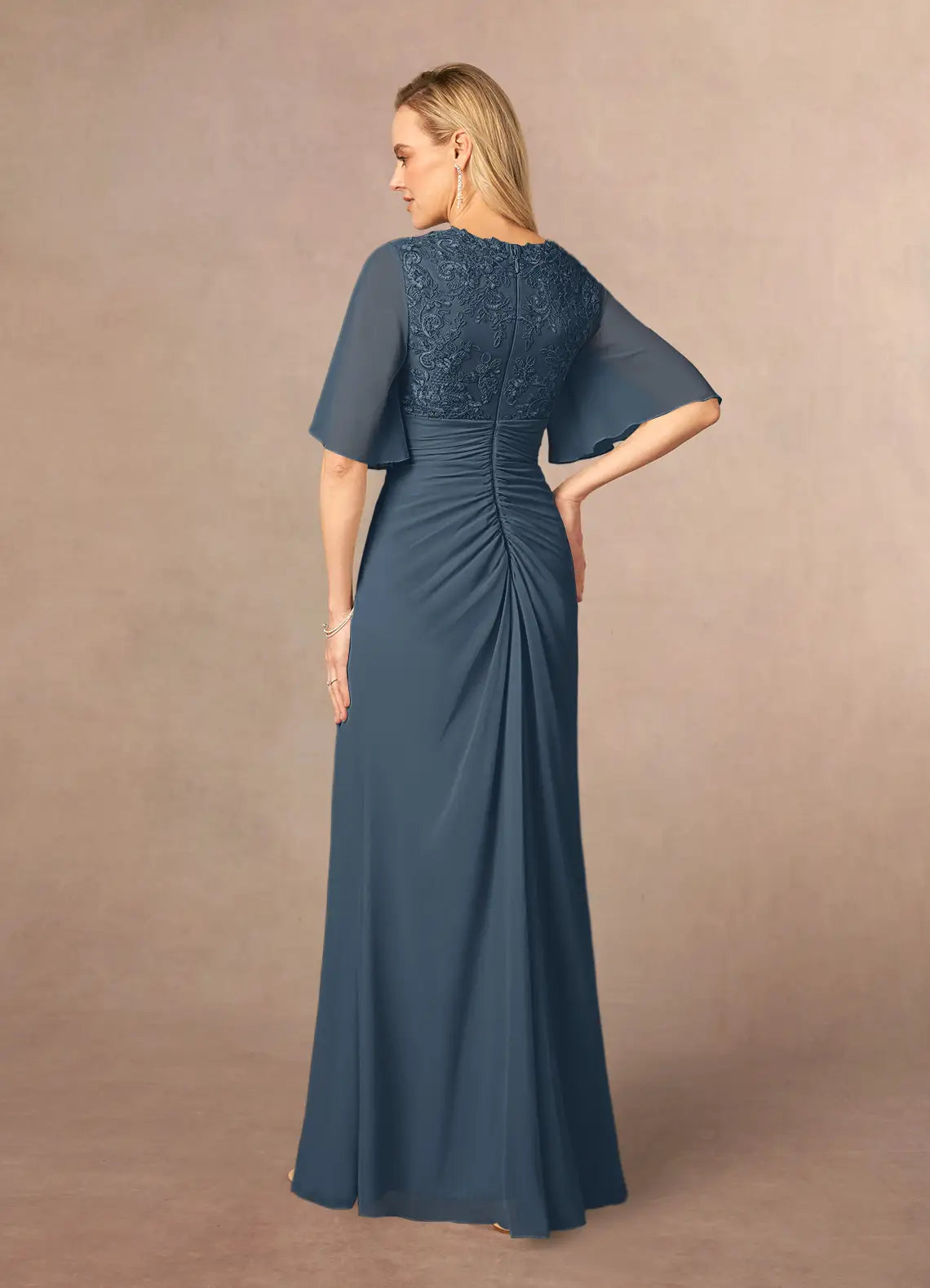 Elegant Mermaid V-Neck Lace Chiffon Flutter Sleeve Floor Length Mother of the Bride Dress
