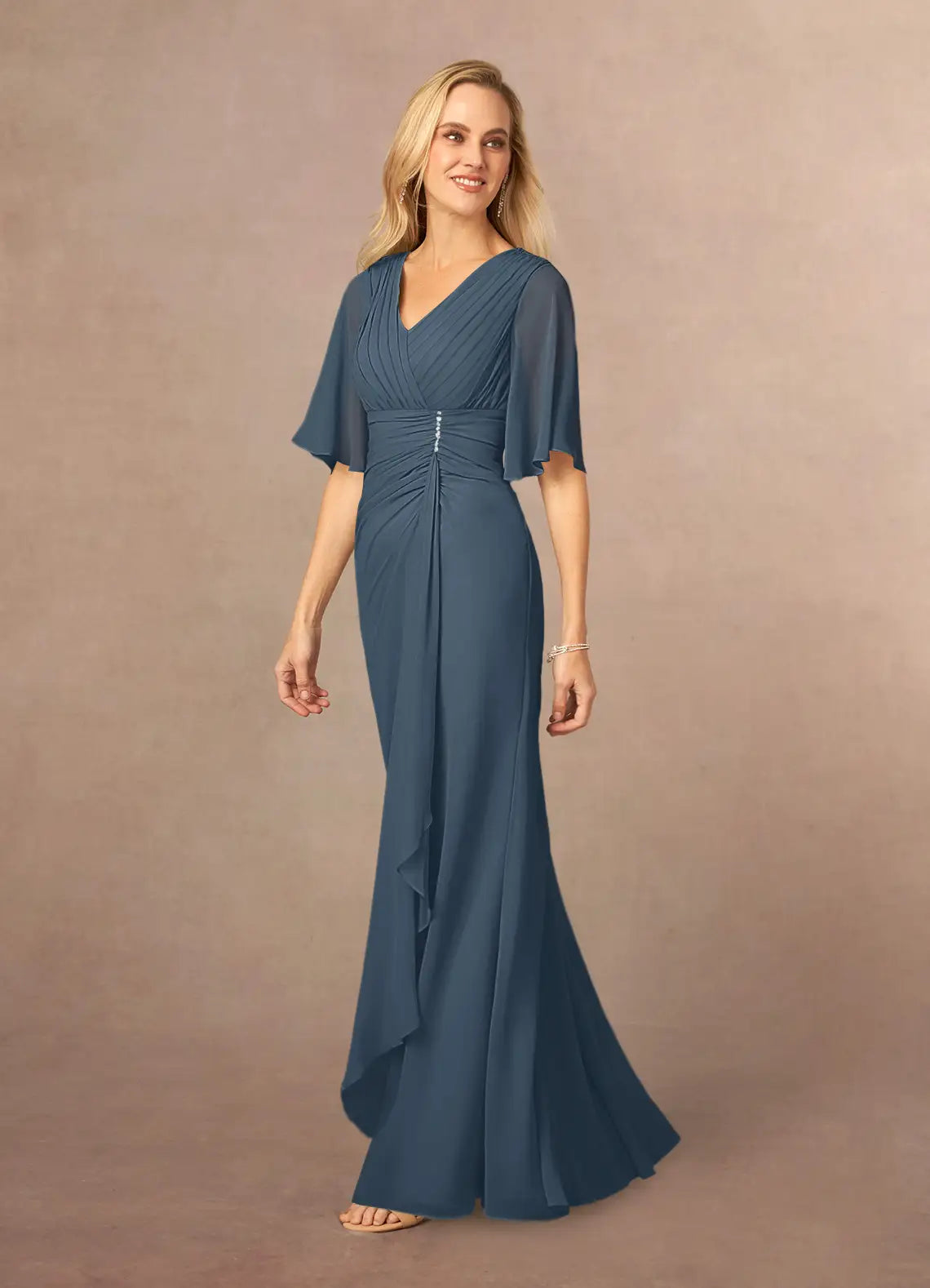 Elegant Mermaid V-Neck Lace Chiffon Flutter Sleeve Floor Length Mother of the Bride Dress