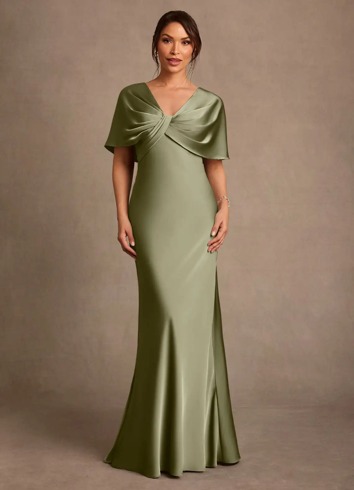 Elegant Mermaid V-Neck Satin Capelet Floor Length Mother of the Bride Dress
