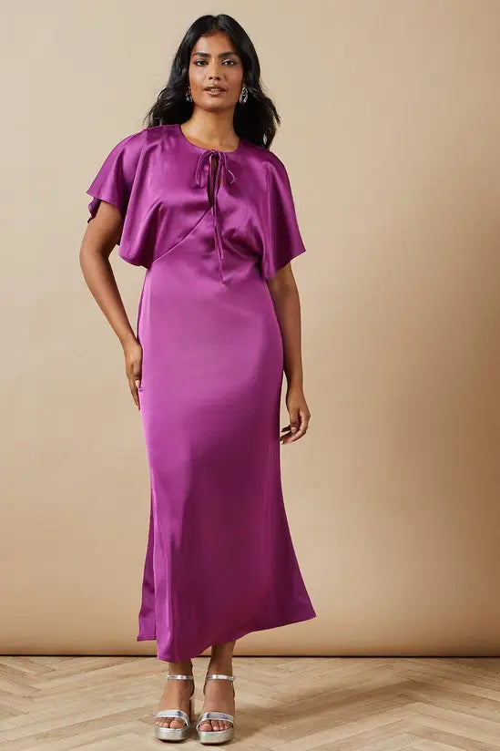 Elegant Midi Round Neck Flutter Sleeve Keyhole Front Straight Satin Evening Dress