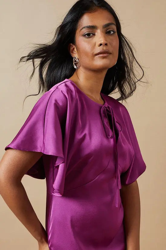 Elegant Midi Round Neck Flutter Sleeve Keyhole Front Straight Satin Evening Dress