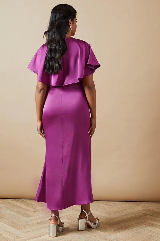 Elegant Midi Round Neck Flutter Sleeve Keyhole Front Straight Satin Evening Dress