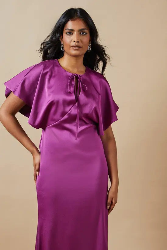 Elegant Midi Round Neck Flutter Sleeve Keyhole Front Straight Satin Evening Dress