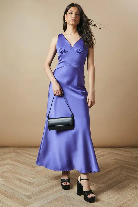 Elegant Midi V Neck Sleeveless Bow Back Bias Cut Satin Evening Dress