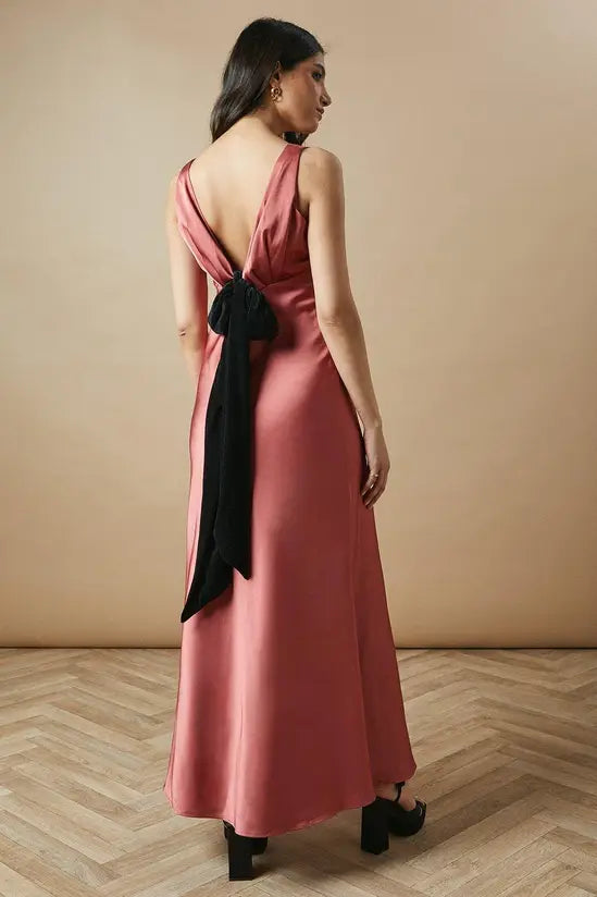 Elegant Midi V Neck Sleeveless Bow Back Bias Cut Satin Evening Dress