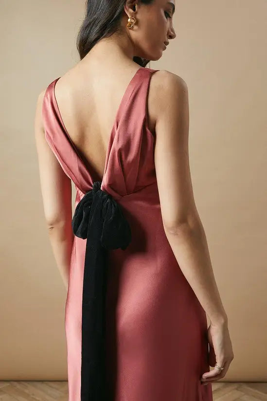 Elegant Midi V Neck Sleeveless Bow Back Bias Cut Satin Evening Dress