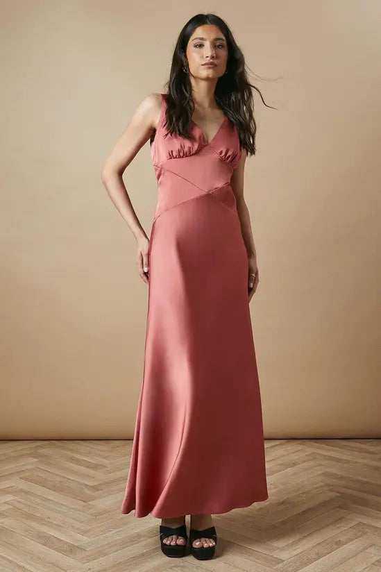 Elegant Midi V Neck Sleeveless Bow Back Bias Cut Satin Evening Dress