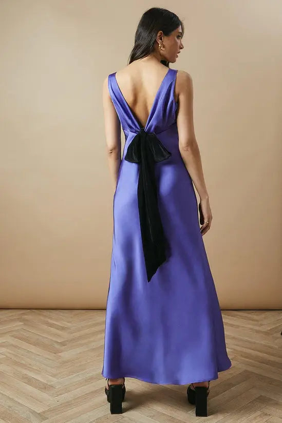 Elegant Midi V Neck Sleeveless Bow Back Bias Cut Satin Evening Dress