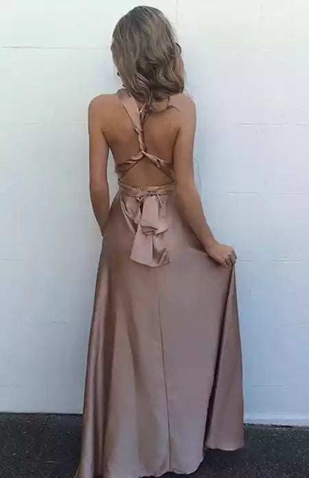 Elegant Mocha Satin A-Line Gown with Plunge V-Neck & Criss-Cross Back
