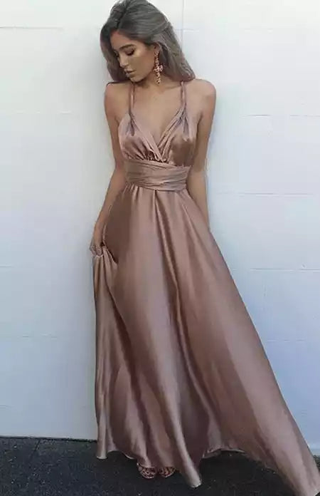 Elegant Mocha Satin A-Line Gown with Plunge V-Neck & Criss-Cross Back